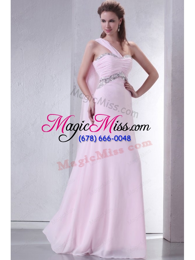 wholesale baby pink one shoulder beaded decorate chiffon empire prom dress