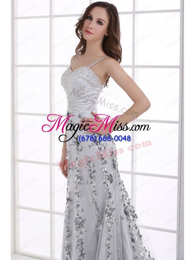 wholesale silver column straps beading and appliques prom dress for spring