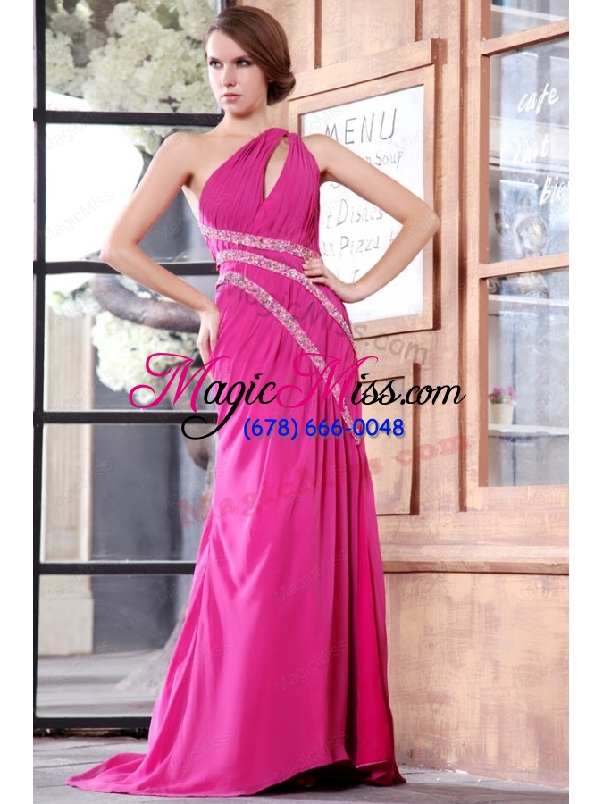 wholesale one shoulder chiffon beading sweep train prom dress in hot pink