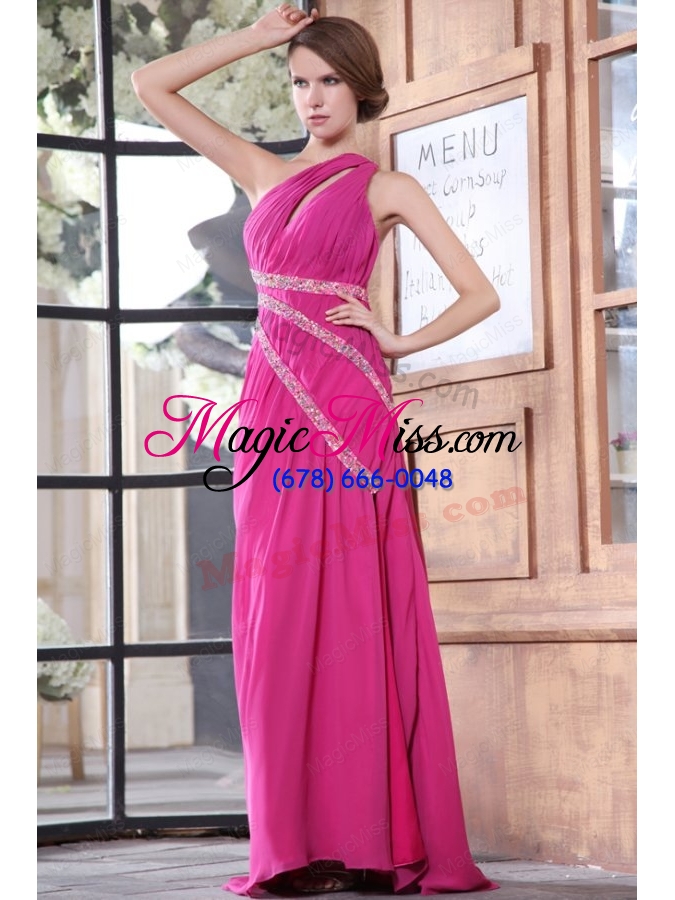 wholesale one shoulder chiffon beading sweep train prom dress in hot pink