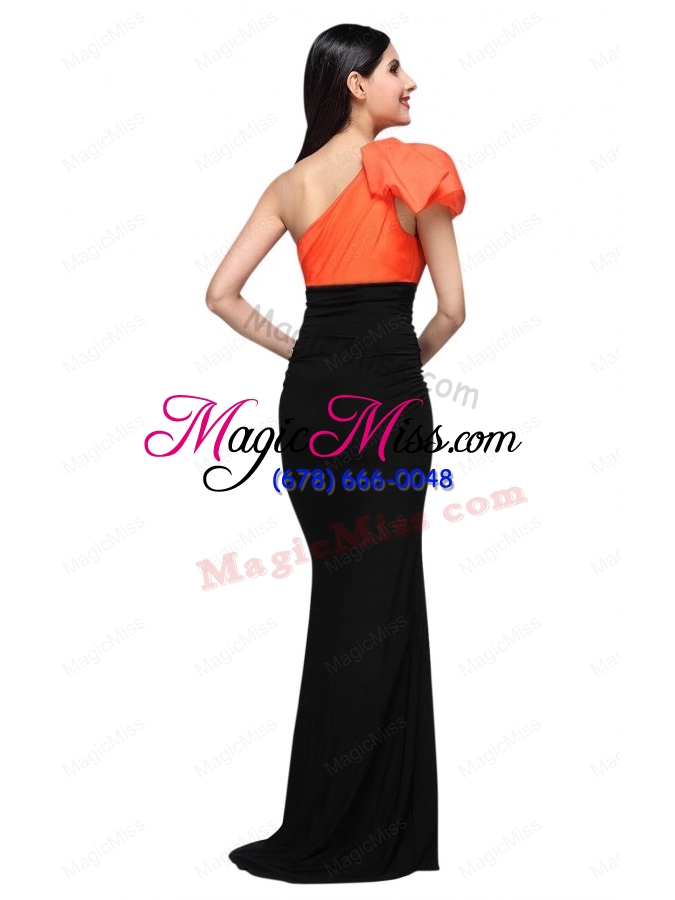wholesale black and orange one shoulder column high silt prom dress with train