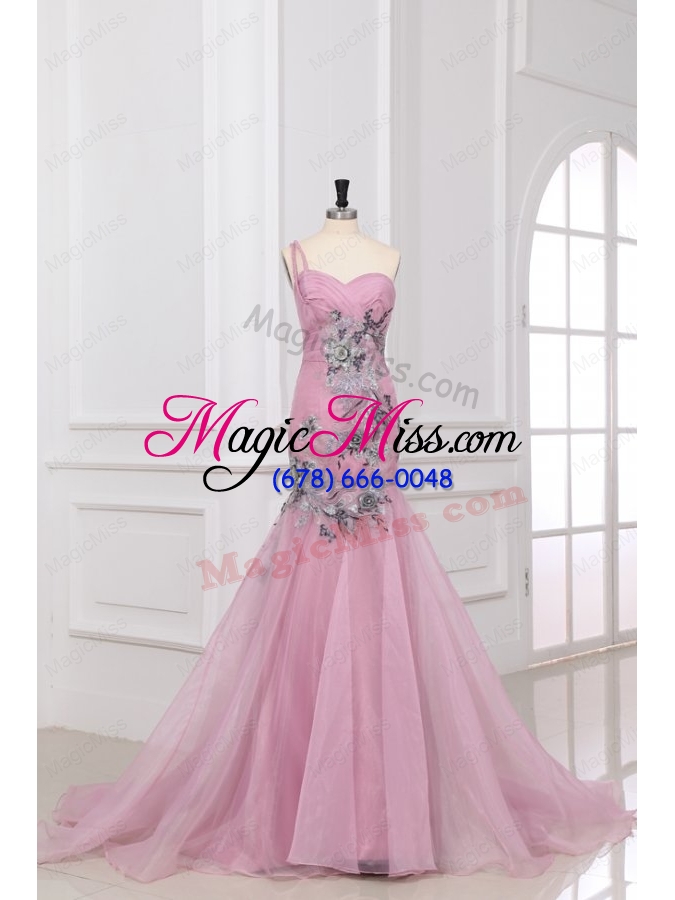 wholesale mermaid one shoulder rose pink appliques ruching organza long prom dress