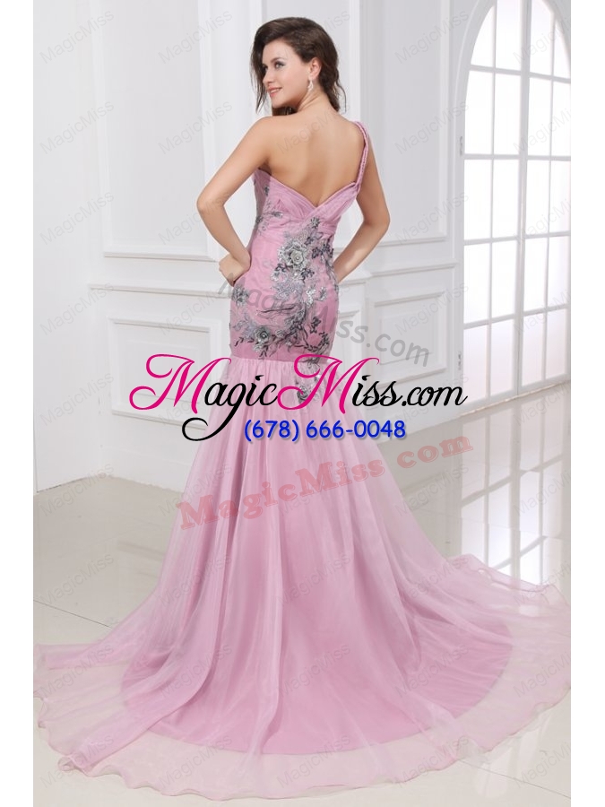 wholesale mermaid one shoulder rose pink appliques ruching organza long prom dress