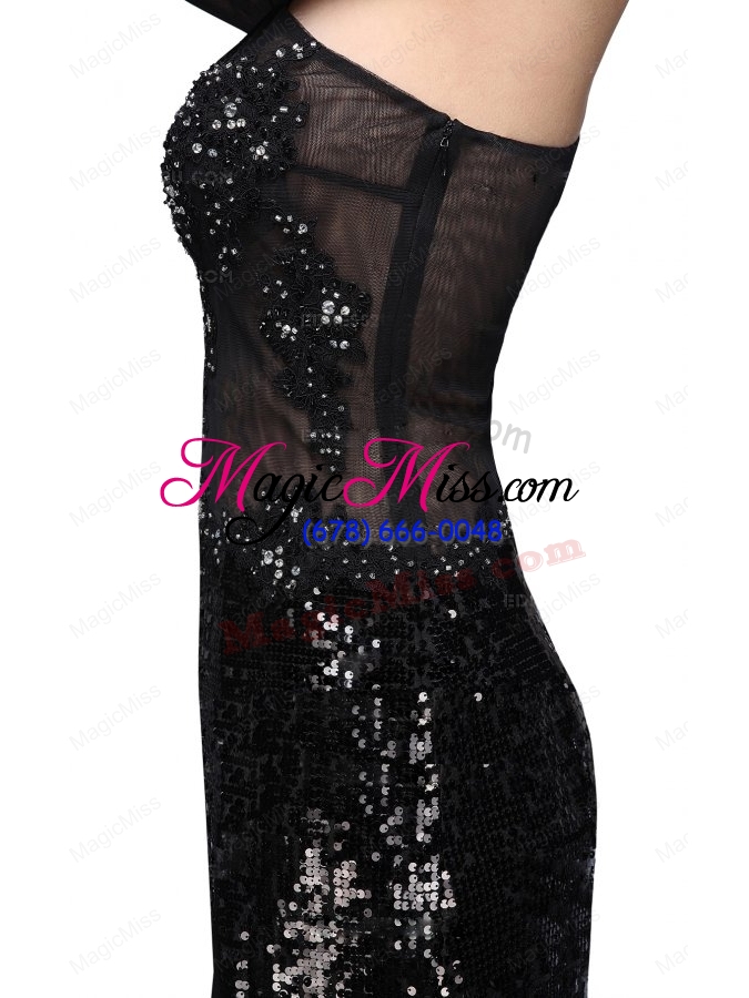 wholesale column black one shoulder long sleeves sequins high slit prom dress