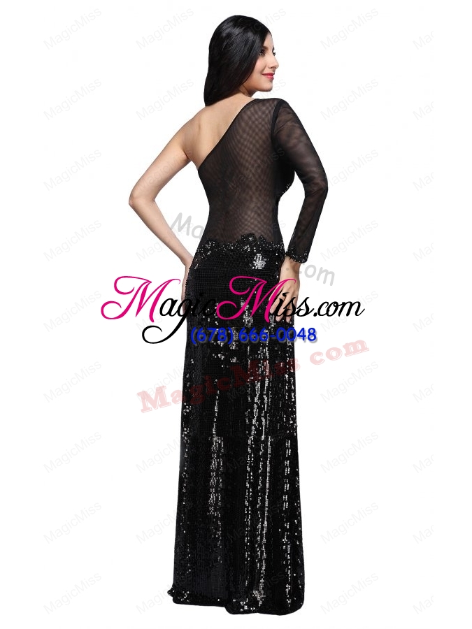 wholesale column black one shoulder long sleeves sequins high slit prom dress