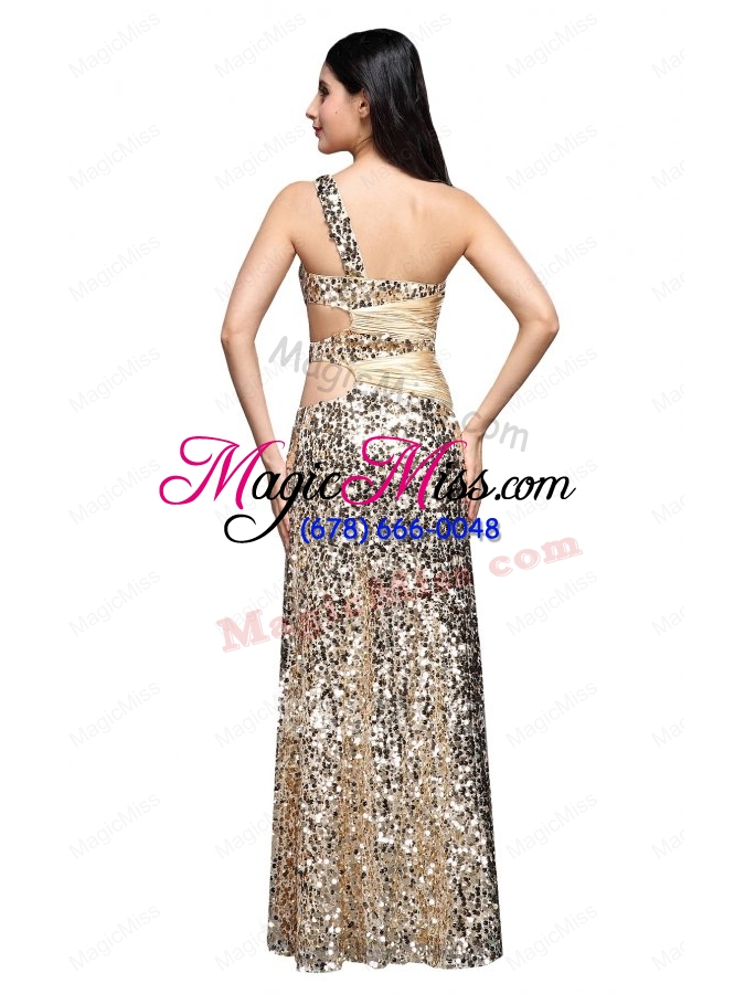 wholesale column champgne one shoulder sequins ruching floor length prom dress