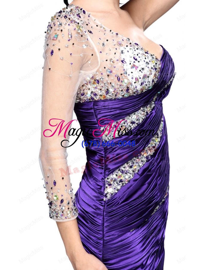 wholesale column eggplant purple one shoulder long sleeves beading prom dress