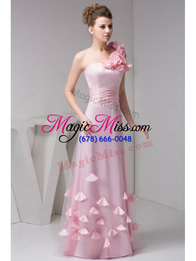 wholesale one shoulder pink organza hand made flowers prom dress