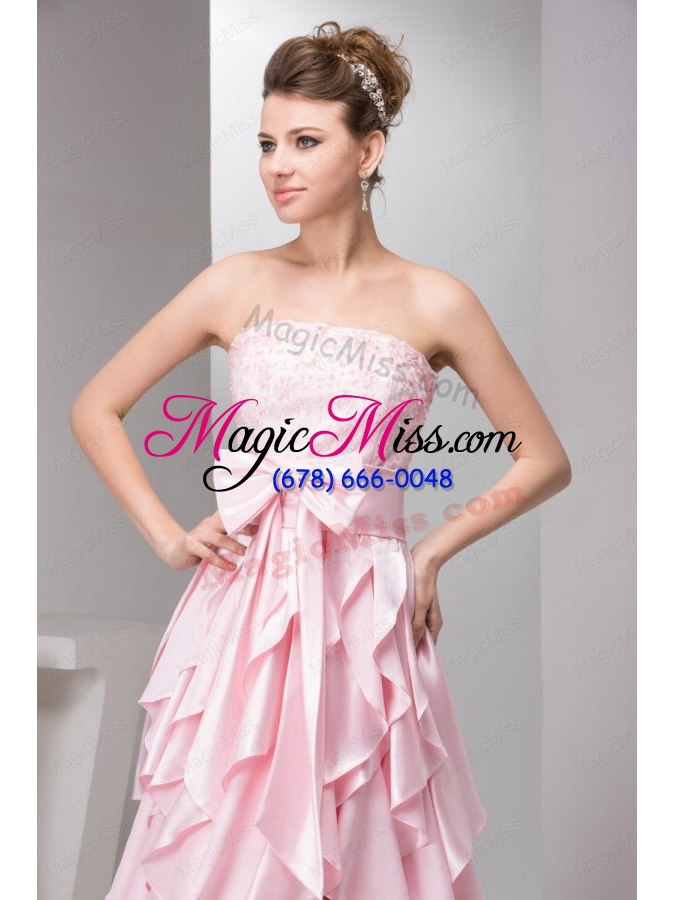 wholesale pretty empire strapless taffeta ruffles and bowknot pink prom dress