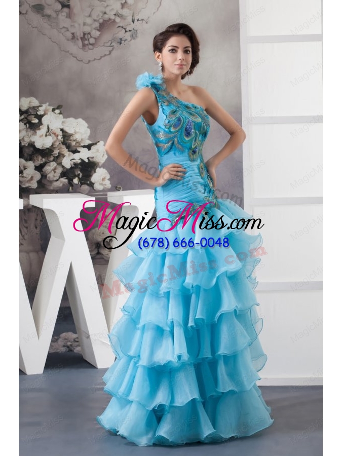 wholesale mermaid one shoulder blue appliques and ruffled layers orange prom dress