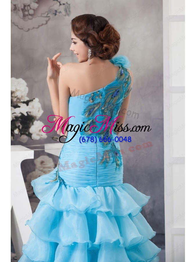 wholesale mermaid one shoulder blue appliques and ruffled layers orange prom dress