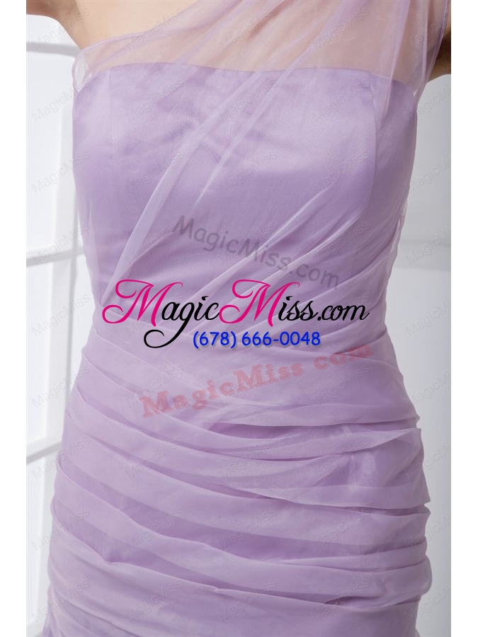 wholesale new one shoulder lilac ruching brush train organza prom dress with side zipper