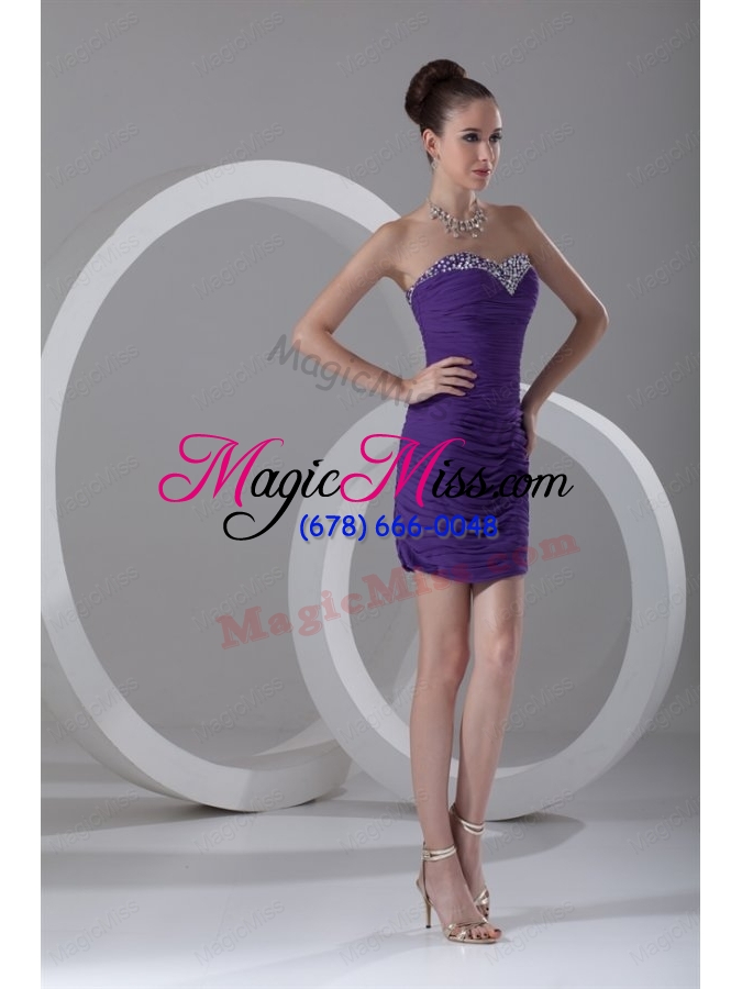 wholesale column sweetheart mini length purple chiffon prom dress with beading