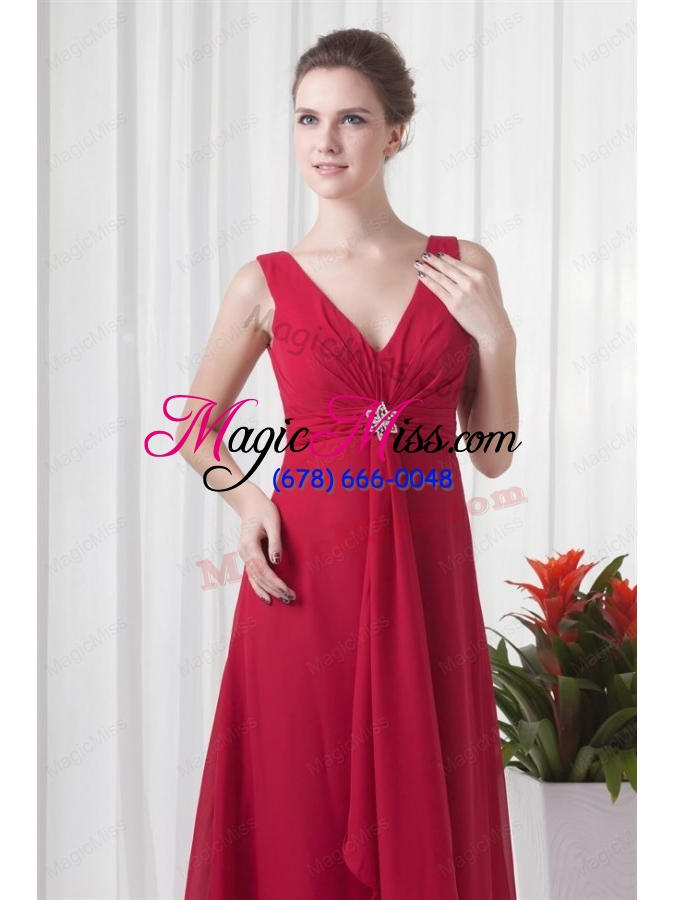 wholesale 2014 cheap empire v neck chiffon red beading prom dress