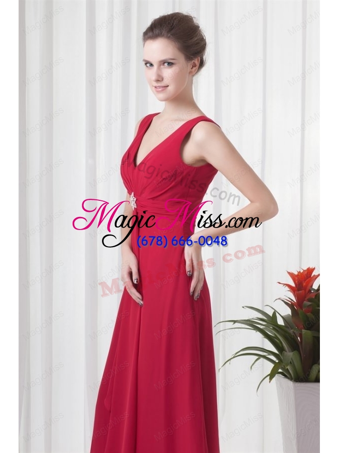 wholesale 2014 cheap empire v neck chiffon red beading prom dress