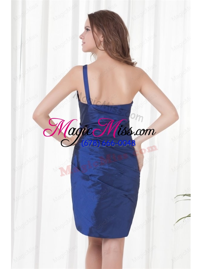 wholesale cheap column one shoulder mini length ruching zipper up blue prom dress