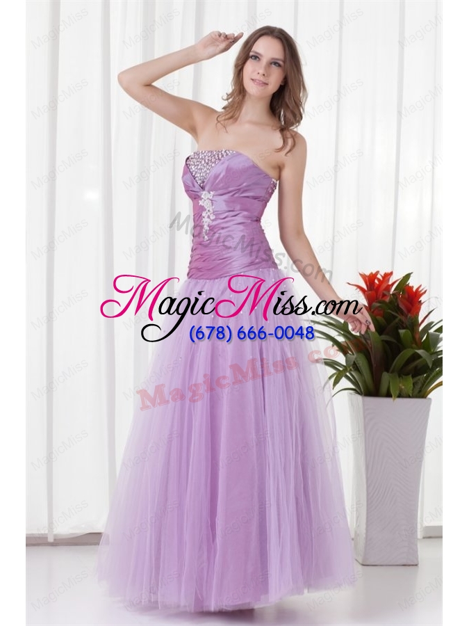 wholesale 2014 a line strapless lilac beading tulle prom dress with lace up