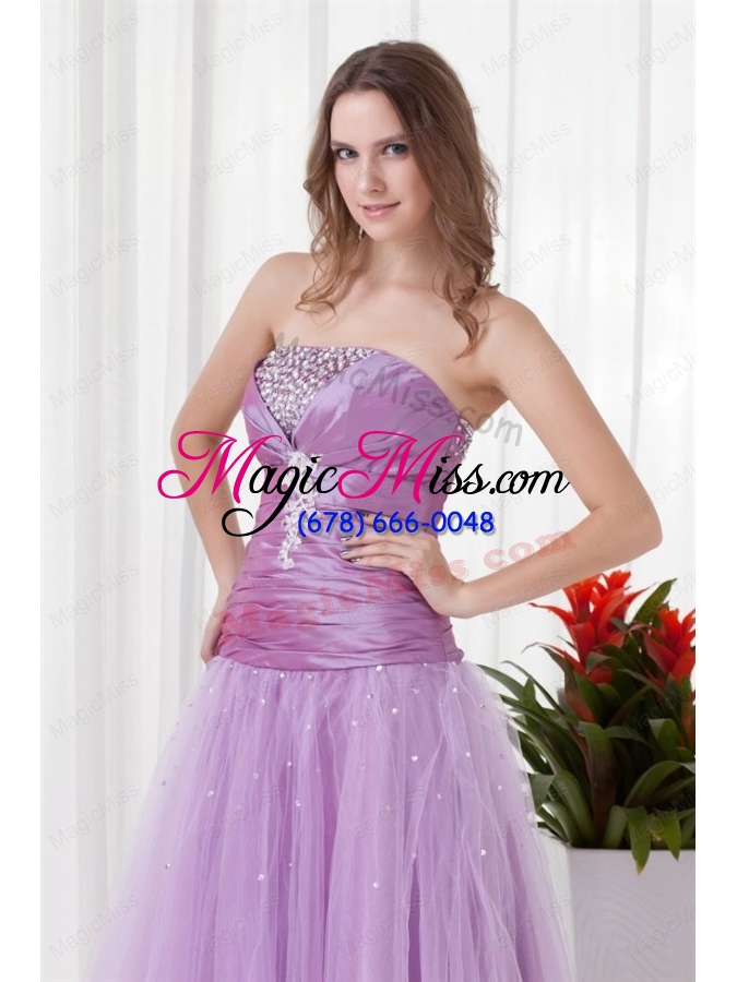 wholesale 2014 a line strapless lilac beading tulle prom dress with lace up