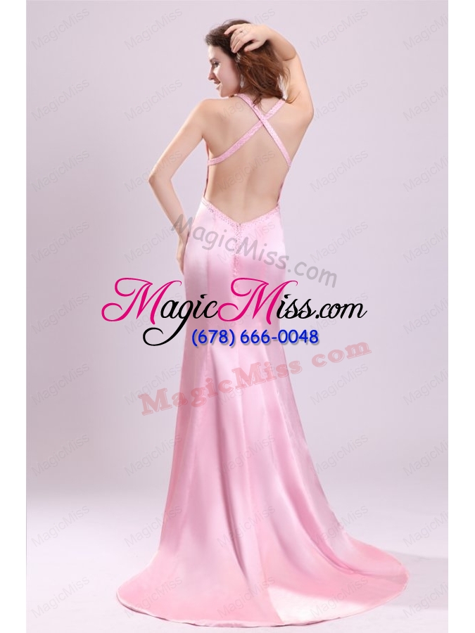 wholesale elegant pink column halter brush train criss cross prom dress with beading