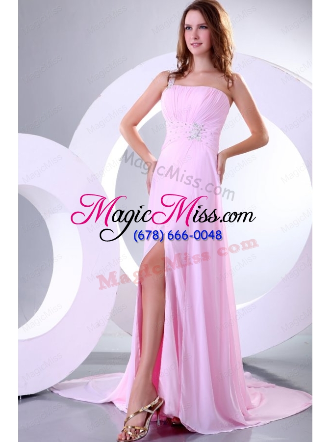 wholesale beading and ruche one shoulder baby pink watteau train prom dress