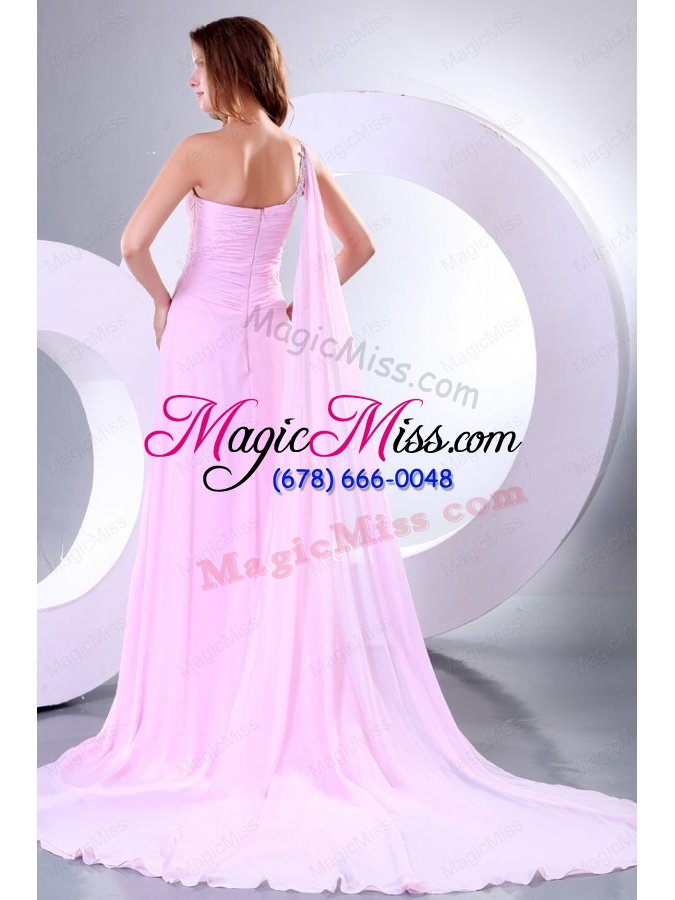 wholesale beading and ruche one shoulder baby pink watteau train prom dress