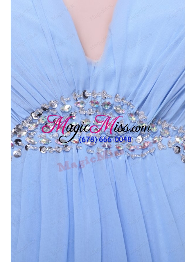 wholesale light blue v neck beading and high silt prom dress in chiffon