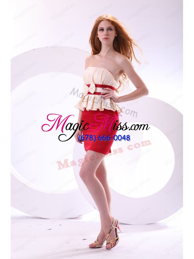 wholesale cheap column strapless mini length taffeta prom dress with bowknot