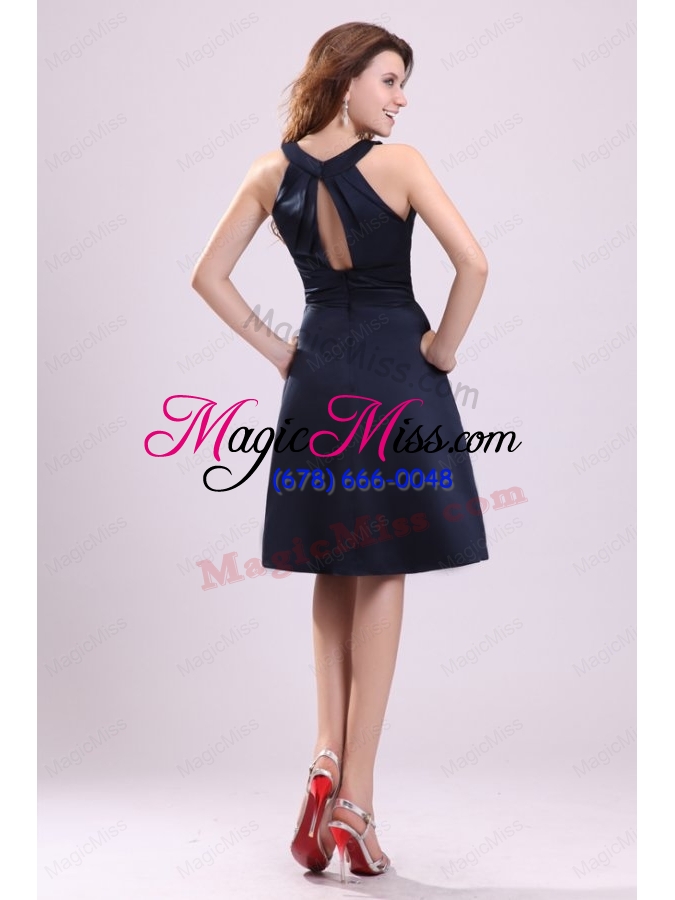 wholesale simple navy blue halter a line knee length ruching taffeta prom dress