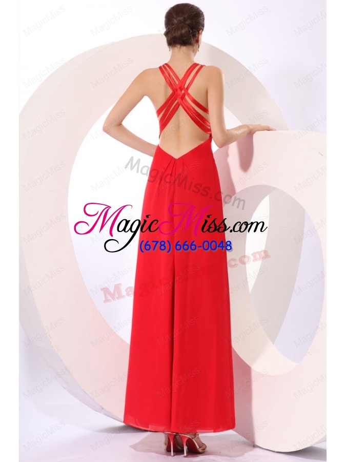 wholesale column red halter beading chiffon prom dress with criss cross