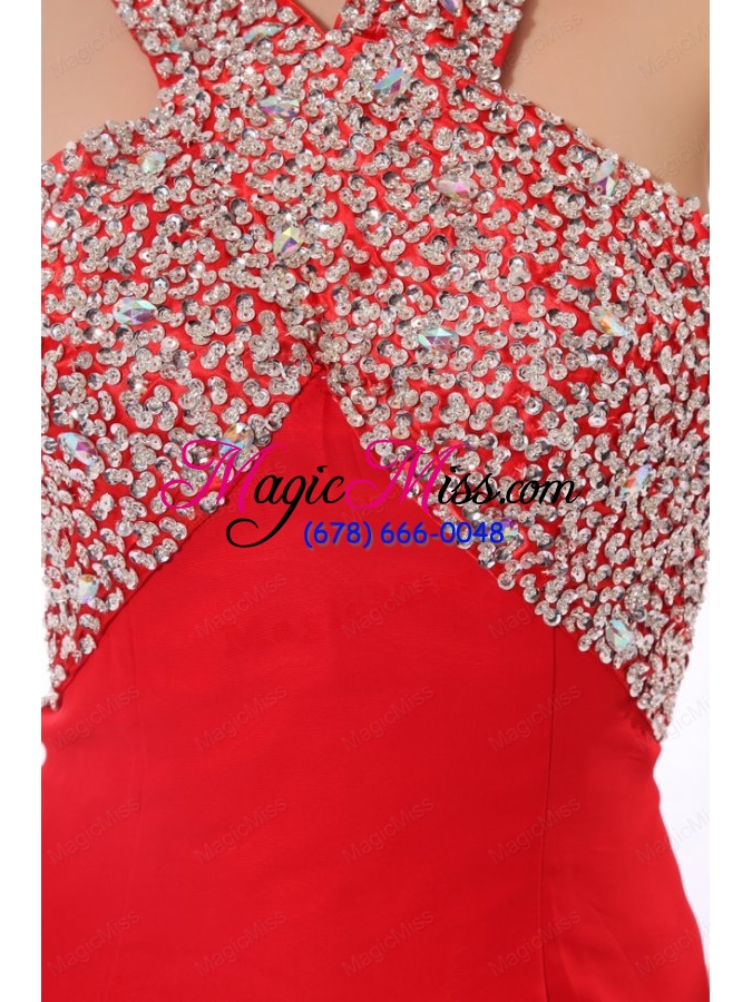 wholesale column red halter beading chiffon prom dress with criss cross