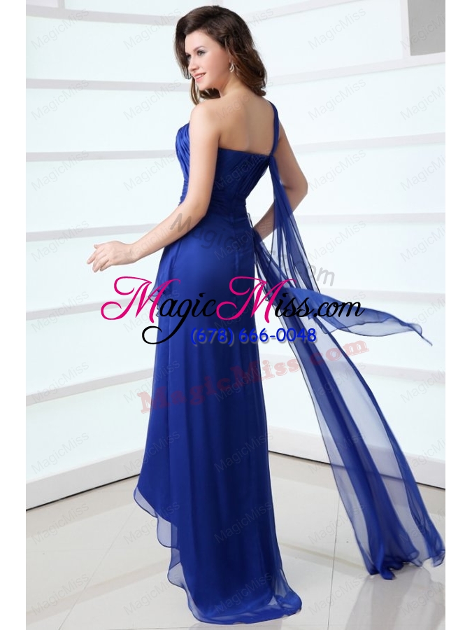 wholesale blue column one shoulder ruching high low chiffon prom dress