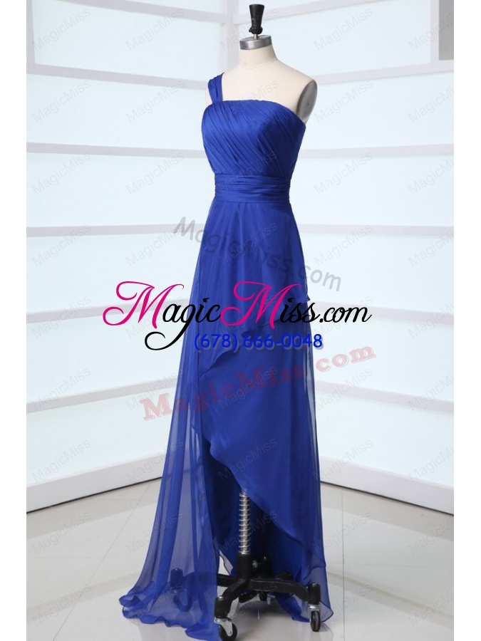 wholesale blue column one shoulder ruching high low chiffon prom dress