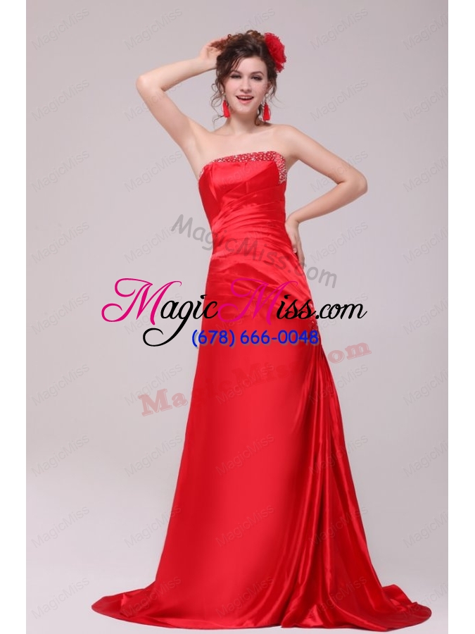 wholesale perfect column strapless brush train red beading and ruching prom dress