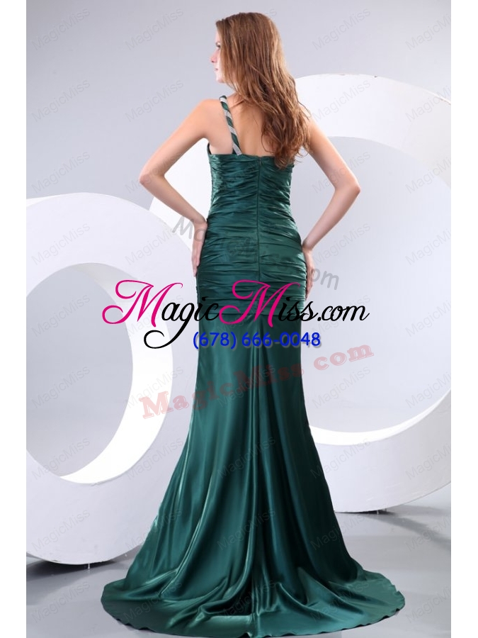 wholesale affordable mermaid one shoulder green ruching brush train prom dress
