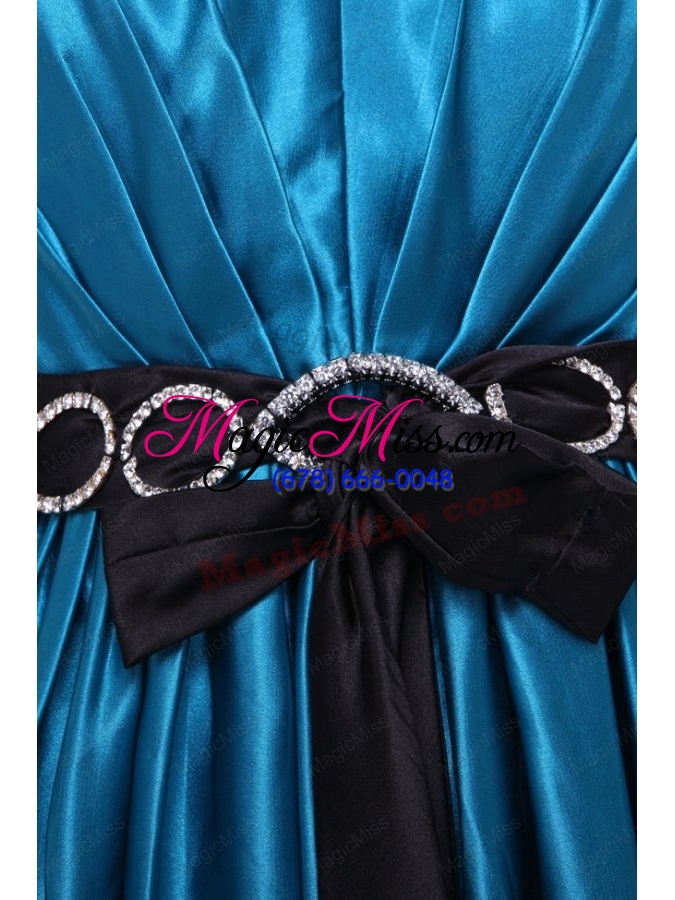 wholesale informal empire straps floor-length elastic woven satin teal prom dress with beading