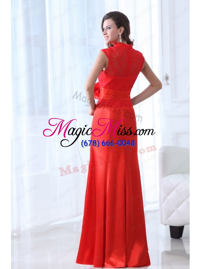 wholesale modern column red floor-length lace prom dress with high neck