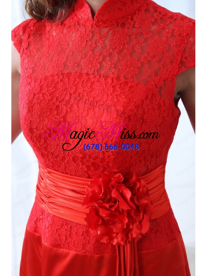 wholesale modern column red floor-length lace prom dress with high neck
