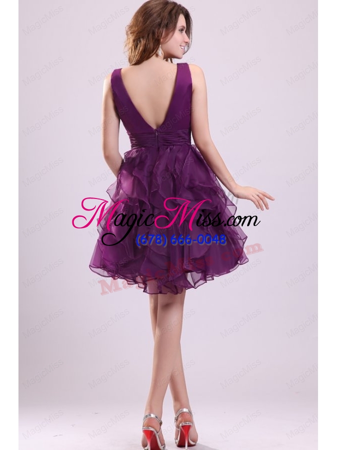 wholesale pretty purple v-neck prom dress with ruffled layers mini-length