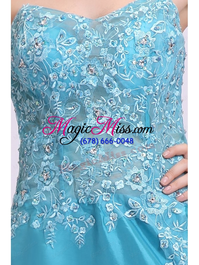wholesale sweetheart empire teal sweep train prom dress with white embroidery