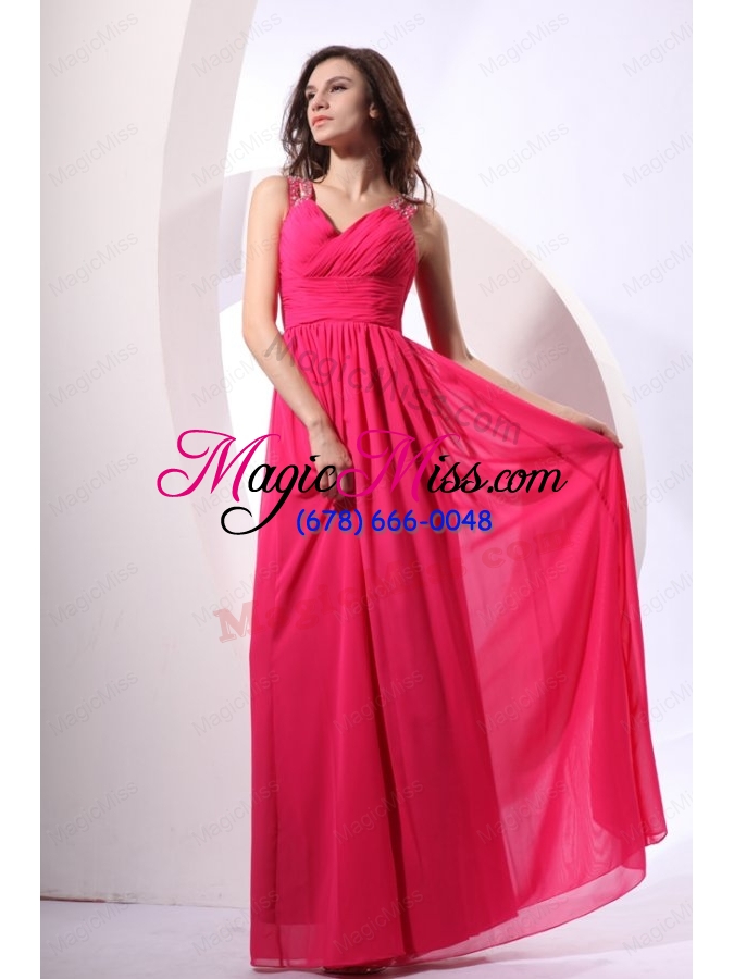 wholesale beaded decorate shoulder chiffon empire prom dress in coral red