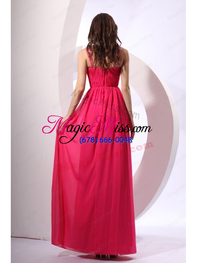 wholesale beaded decorate shoulder chiffon empire prom dress in coral red