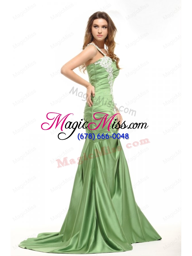 wholesale mermaid one shoulder olive green prom dress with white appliques