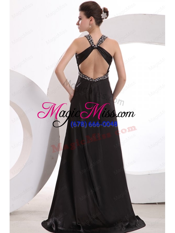 wholesale empire black v-neck beading and high silt prom dress with brush train