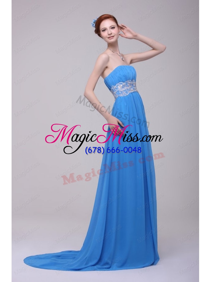 wholesale teal strapless empire chiffon appliques prom dress with brush train