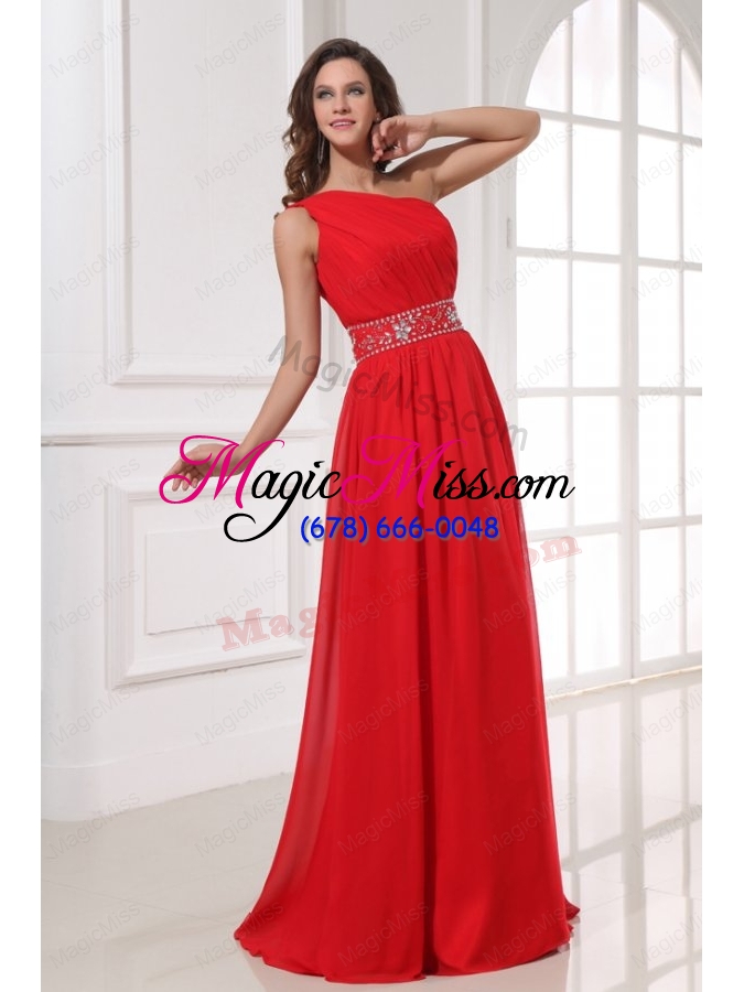 wholesale red one shoulder beaded decorate waist floor-length prom dress