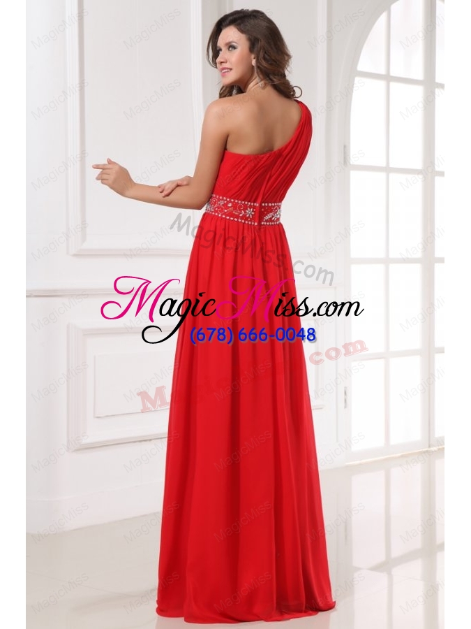 wholesale red one shoulder beaded decorate waist floor-length prom dress