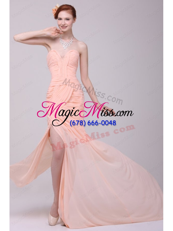 wholesale column sweetheart beading and ruche peach prom dress with high silt