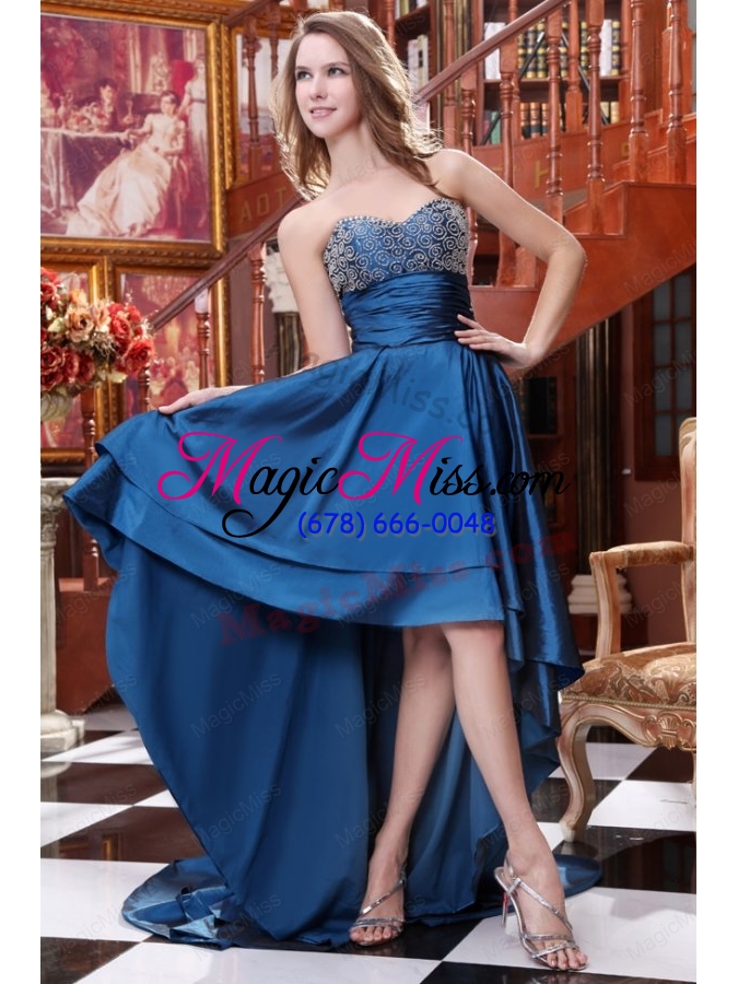 wholesale a-line blue sweetheart beading and ruching high-low prom dress