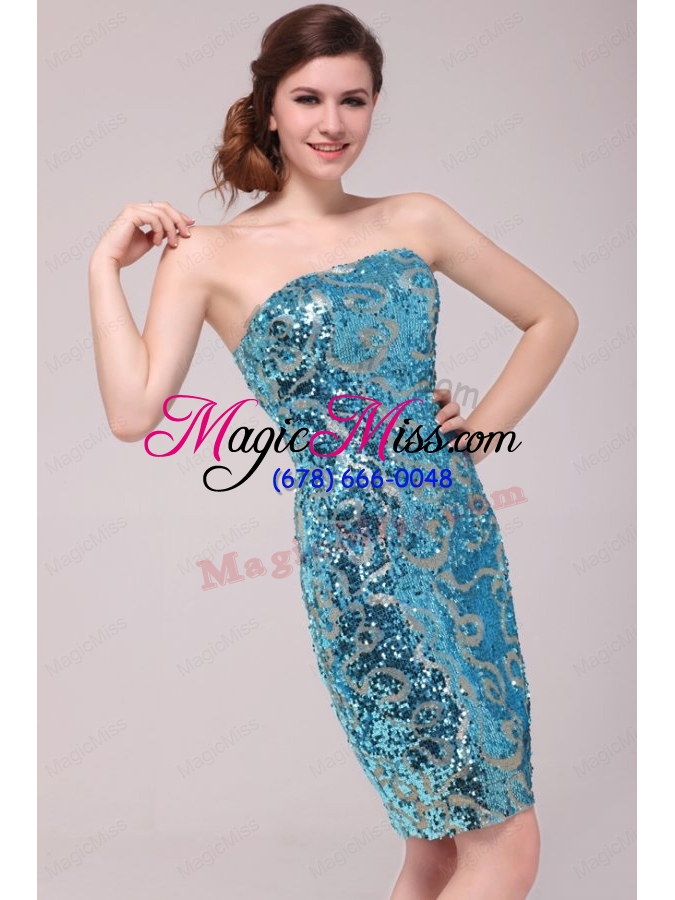 wholesale column strapless blue sequins prom dress with knee-length