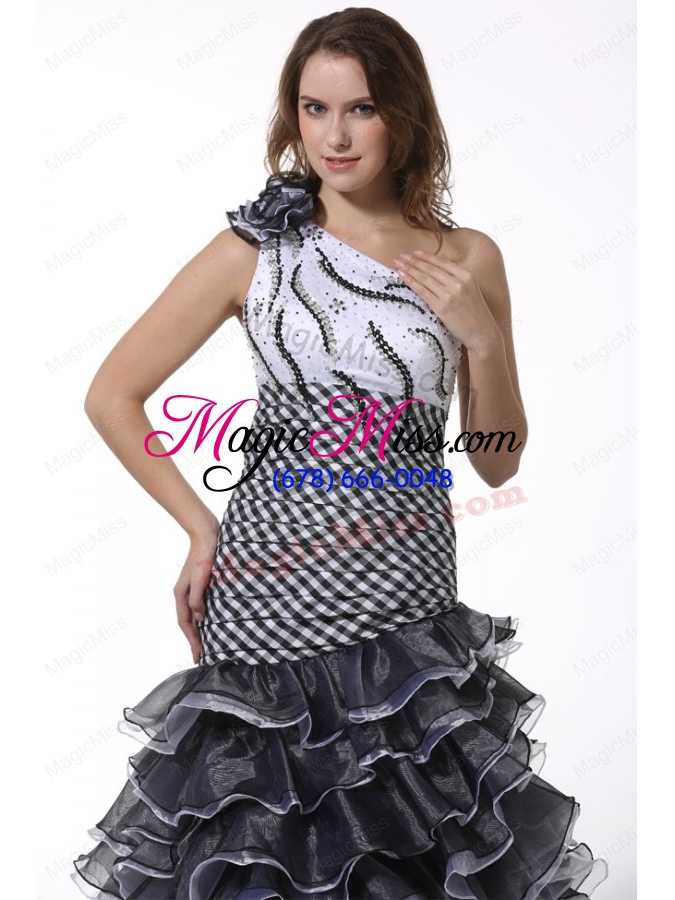 wholesale white and black one shoulder high-low prom dress with ruffled layers